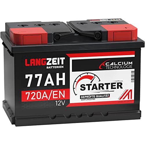 LANGZEIT Autobatterie 12V 77AH 720A/EN +30% mehr Leistung ersetzt 70Ah 72Ah 74Ah 75Ah Starter Batterie