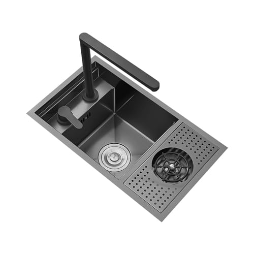 Spülbecken Küche Edelstahl Spüle Schwarz, Single Bowl Küchenspüle mit Wasserhahn Inkl. Siphon und Abflusssieb 700 * 400mm