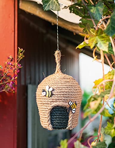 Dekohänger Bienenkorb aus Pflanzenfasern mit Holz Bienen, Gartendeko, Hängedeko