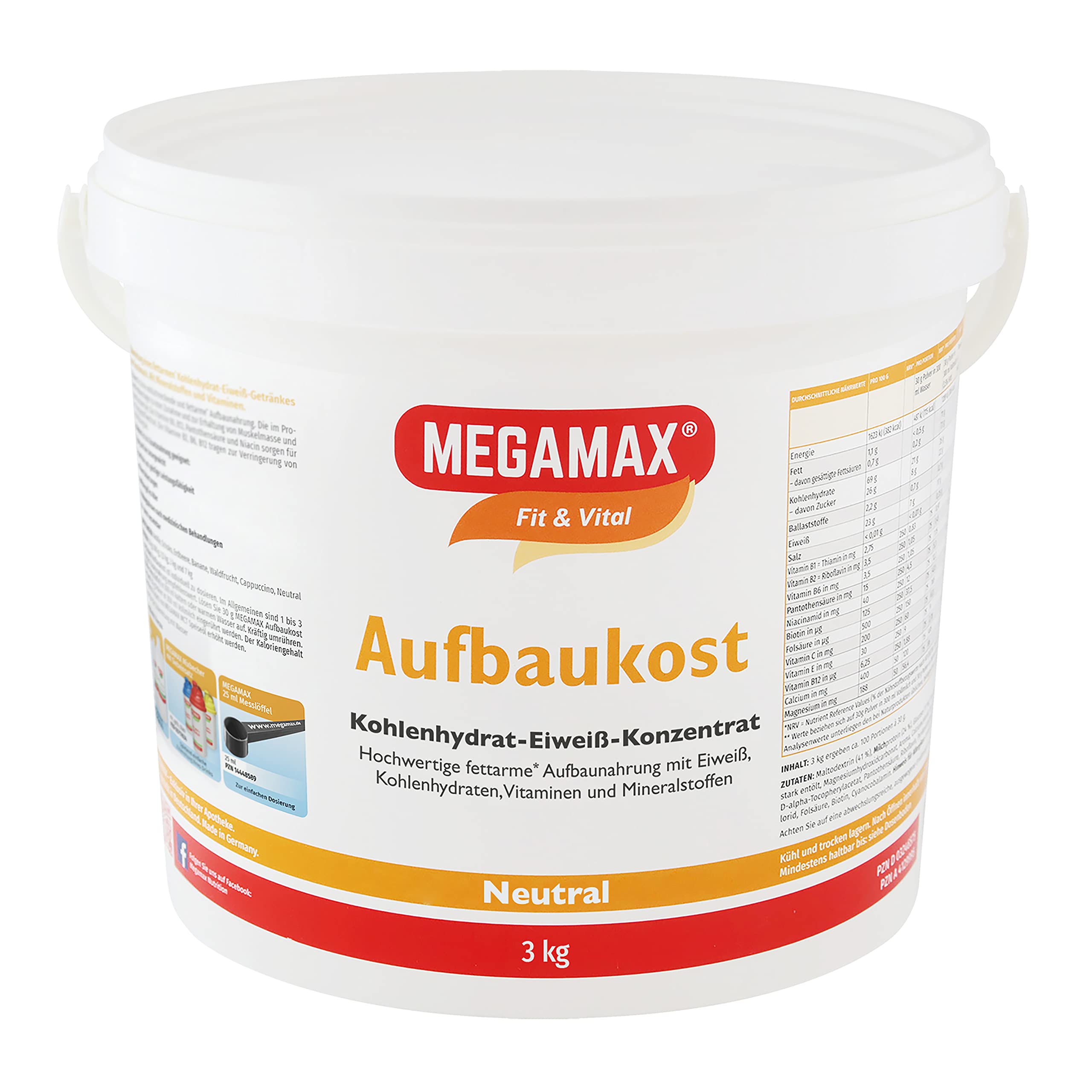 Megamax Aufbaukost 3 kg Neutral Ideal zur Kräftigung und bei Untergewicht - Proteinpulver zur Zubereitung eines fettarmen Kohlenhydrat-Eiweiß-Getränkes für Muskelmasse - Muskelaufbau Gewichtszunahme
