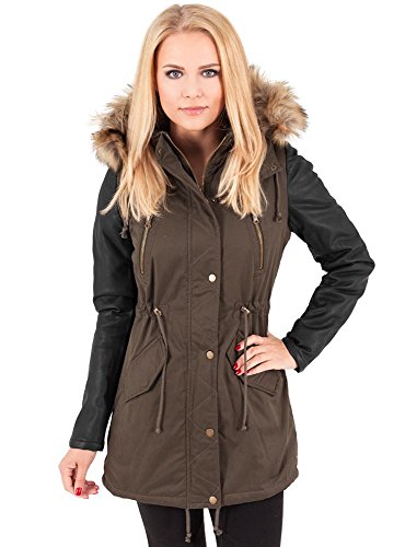 Urban Classics Damen Jacke Jacke Leather Imitation Sleeve Parka mehrfarbig (Olv/Blk) Small