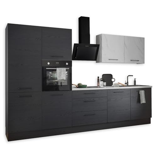 NEW YORK Moderne Küchenzeile ohne Elektrogeräte in Graphit Schwarz, Marmor Optik FSC-zertifiziert - Geräumige Einbauküche mit viel Stauraum - 320 x 210 x 60 cm (B/H/T)