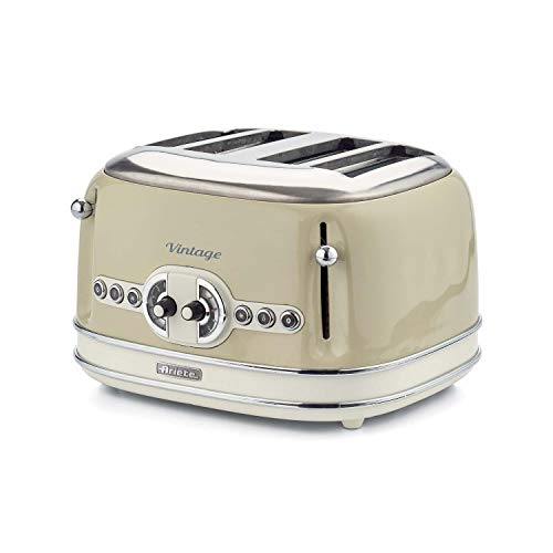 Ariete Vintage 156, 4-Scheiben-Toaster, Retro Toaster mit 6 Toaststufen, Automatischer Auswurf, Auftaufunktion, Herausnehmbares Krümelfach, Gehäuse aus Edelstahl, 1600W, Beige