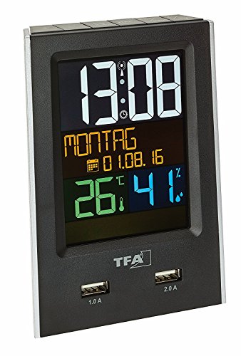 TFA Dostmann 60.2537.01 Charge-IT Funk-Wecker mit USB-Ladefunktion (schwarz mit Batterien)