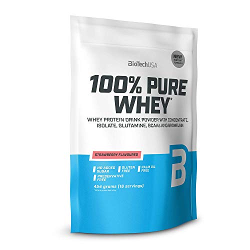 BioTechUSA 100% Pure Whey Molkenprotein-Komplex mit Bromelain-Enzymen, Aminosäuren, ohne Zuckerzusatz, palmölfrei, 454g, Erdbeere