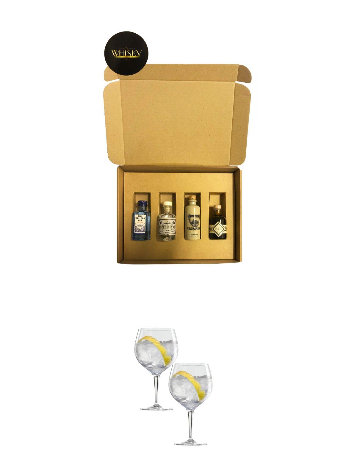 Gin German Geschenkbox 4 x 0,05 Liter + Spiegelau Gin & Tonic 4390179 2 Gläser