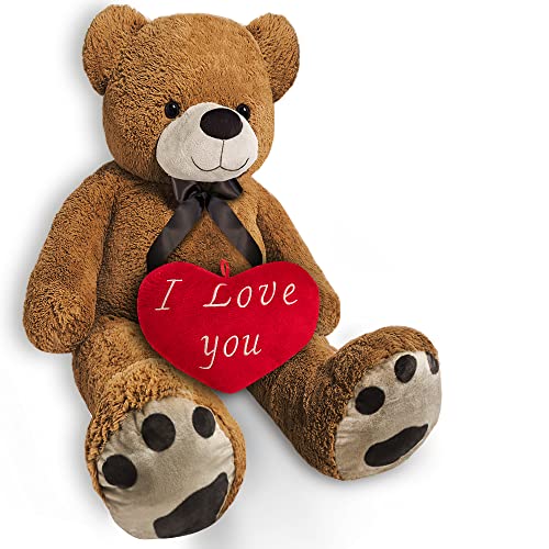 monzana Teddybär mit Herzkissen XL 100cm Hellbraun Weich Dichtes Fell Schleife Tatzen Ich Liebe Dich Geschenk Valentinstag Plüschbär Kuscheltier Bär