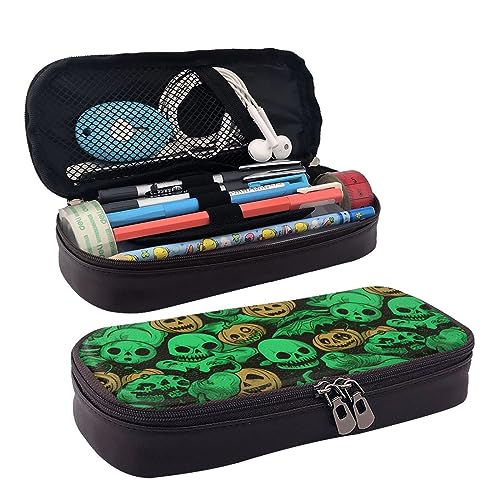 DOFFO Grüner Geist Horror Halloween Kürbis Gedruckt Niedlich Bleistift Fall Ästhetische Bleistift Tasche Spezielle Stift Fall Kunstleder Bleistift Tasche Langlebig Bleistift Box Reißverschluss