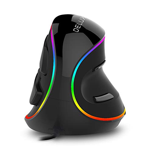 DELUX Vertikale Maus, ergonomische Maus mit RGB-Beleuchtung, 5 einstellbare DPI (800-1200-1600-2400-4000 DPI), 6 Tasten, abnehmbare Handgelenkauflage, optische Maus für Laptop PC Computer(Verkabelt)