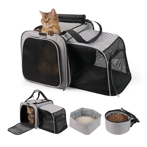 LitaiL Katzentrage mit Katzentoilette, weiche Katzentragetasche mit Futterträger, erweiterbare tragbare Katzentrage für Autoreisen, bis zu 9 kg für Roadtrip, Camping, Wandern, Grau