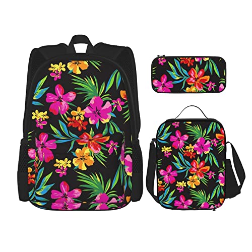 TOPUNY Hawaiian Flower Printing Backpack Set 3 Pieces Lightweight Duffel Bag Insulated Lunch Bag Pencil Case