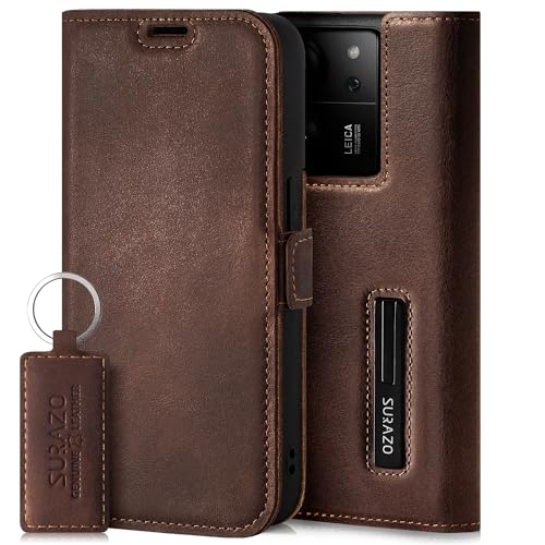 SURAZO Premium Slim Magnet Handyhülle für Xiaomi 13T Pro 5G & 13T 5G Hülle Leder – Klappbare Echtleder Schutzhülle [mit Kartenfach, RFID Schutz] Klapphülle Wallet Case Cover Lederhülle (Nussbraun)