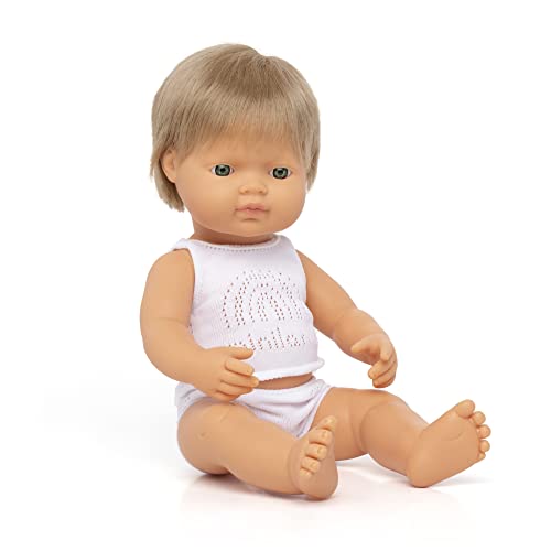 Miniland Dolls: europäische Babypuppe Junge mit dunkelblondem Haar, 38cm, aus weichem Vinyl, präsentiert mit Unterwäsche in Geschenkbox (31259)