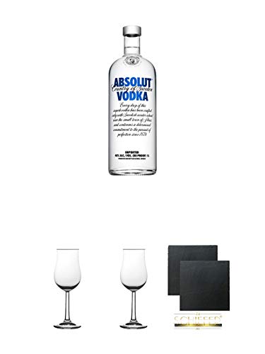 Absolut Blue Vodka 1,0 Liter + 2 Bugatti Nosing Gläser mit Eichstrich 2cl und 4cl + 2 Schiefer Glasuntersetzer eckig ca. 9,5 cm Ø