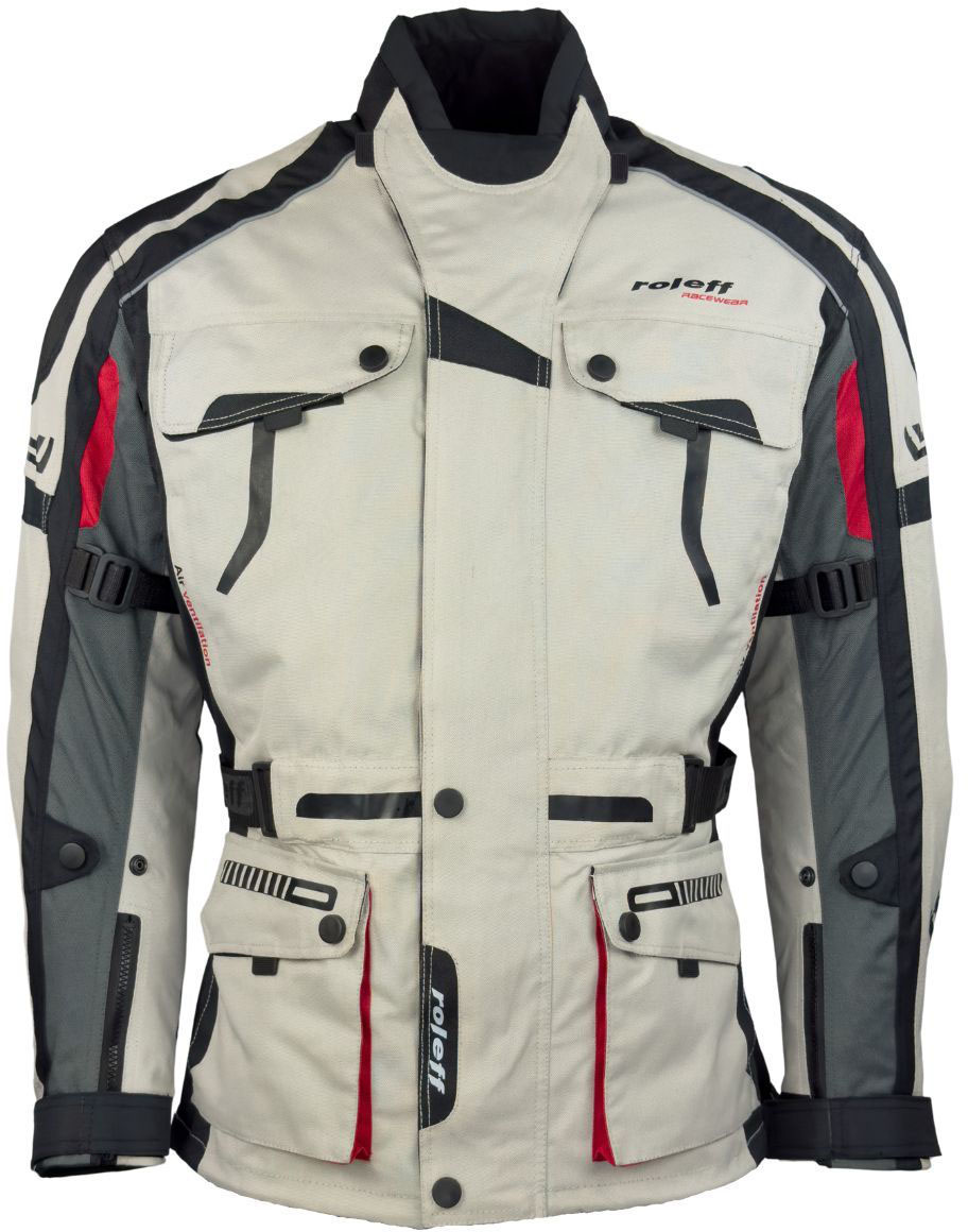 Helle Motorradjacke mit Protektoren, Belüftungssystem, Klimamembrane und herausnehmbarem Thermofutter von Roleff Racewear