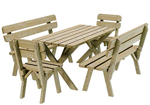 PLATAN ROOM Gartengarnitur Holz Kiefer Sitzgruppe 120 cm breit Gartenbank Gartentisch massiv Imprägniert (Set 2 (Tisch + 2 Bänke + 2 Stühle), 120 cm)