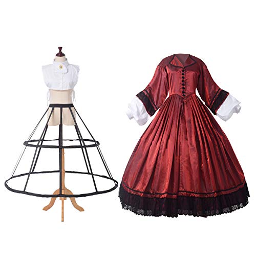 GRACEART Historisches Kostüm American War Dress Damen 1818er Jahre Langarm mit Petticoat Victorian Georgian Kleider mit Krinoline (L, Weinrot)