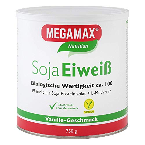MEGAMAX Soja Eiweiß Vanille 750 g + Taurin + L-Methionin Glutenfrei - Sojaeiweiß-Isolat Low Carb - pflanzliches Eiweiss, Laktosefrei, Aspartamfrei - Veganes Protein für Muskelaufbau u. Muskelerhalt