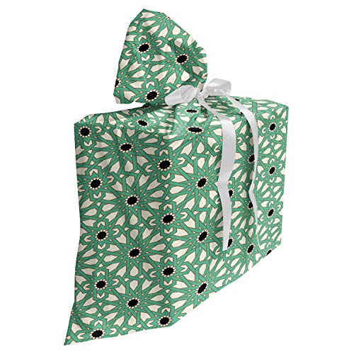 ABAKUHAUS marokkanisch Baby Shower Geschänksverpackung aus Stoff, North Stars, 3x Bändern Wiederbenutzbar, 70 x 80 cm, Sea Green Creme-Schwarz
