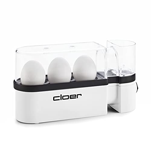 Cloer 6021 Eierkocher mit Servierfunktion / 300 W / 3 Eier / antihaftbeschichtete Heizplatte / im Deckel integrierter Messbecher und Eierpiekser / akustische Fertigmeldung