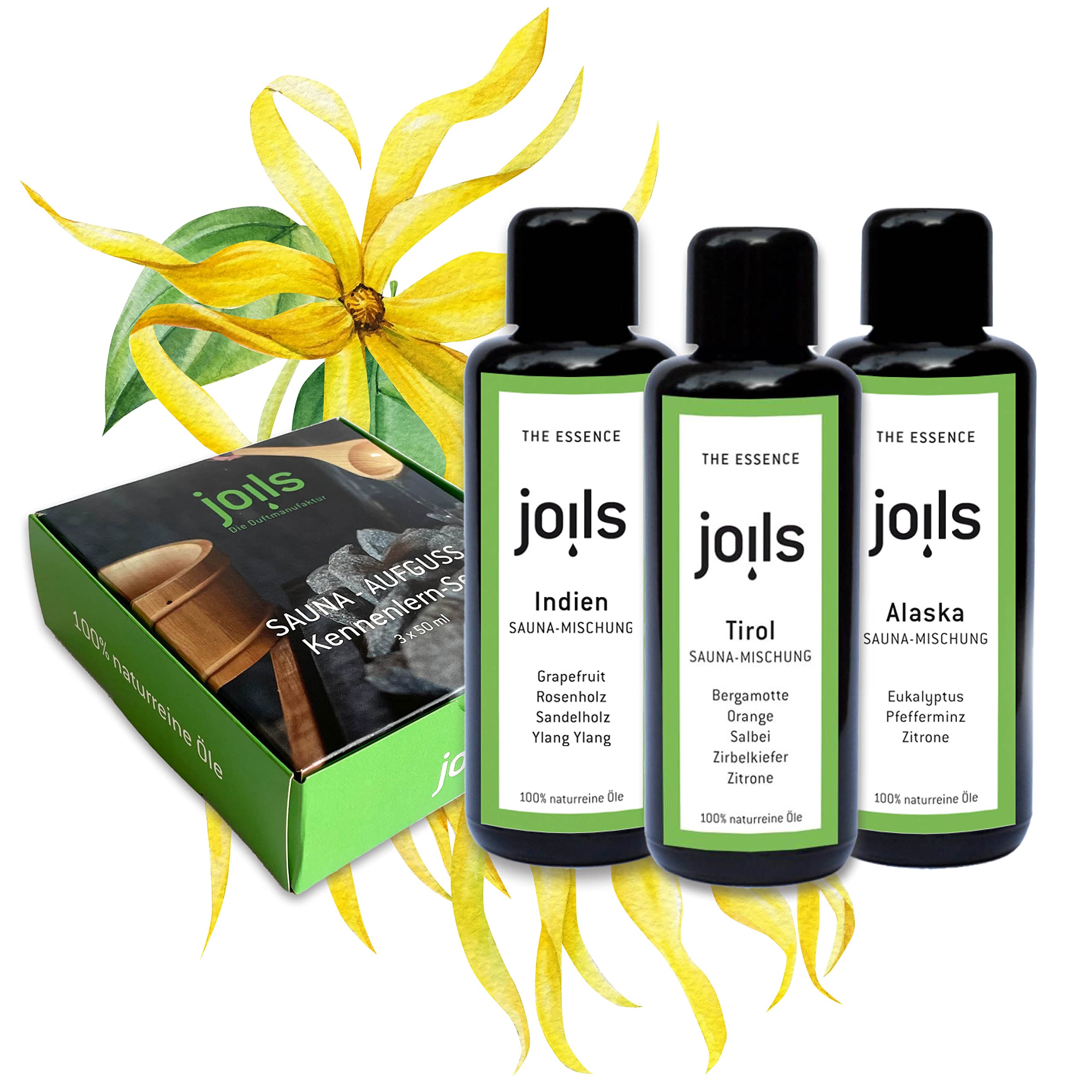 JOILS® Saunaaufguss Set II, naturrein, 3x100ml, 100% naturreines Öl für Ihre Sauna, Bio-Saunaöl im Geschenkset