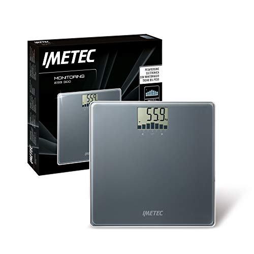 Imetec Monitoring ES9 300 Personenwaage, elektronische Personenwaage, Trend Grafisches Gewicht, 4 Nutzer, bis 180 kg, LCD Display, Temperiertes Glas, dunkelgrau
