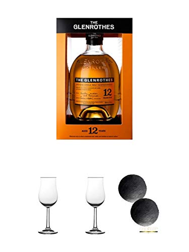 Glenrothes 12 Jahre 40% Single Malt Whisky 0,7 Liter + 2 Bugatti Nosing Gläser mit Eichstrich 2cl und 4cl + 2 Schiefer Glasuntersetzer RUND ca. 9,5 cm Ø
