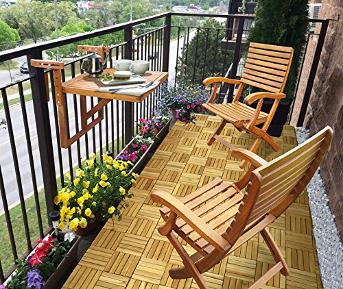 Interbuild Balkontisch & Casinostühle aus echtem Holz (1 Tisch + 2 Stühle), Kleiner Balkon, platzsparendes Tischset, zusammenklappbar, goldfarbenes Teak-Finish