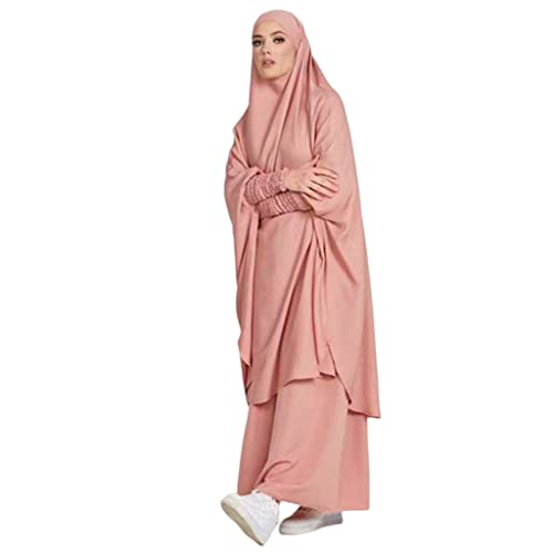 Muslimische Kleider Damen Gebetskleidung für Frauen Khimar 2 Teilig Abaya Damen mit Hijab Set Lose Jilbab Lang Kleid + Gebet Maxi Rock mit Niqab Muslim Gebet Ausstattung Rosa