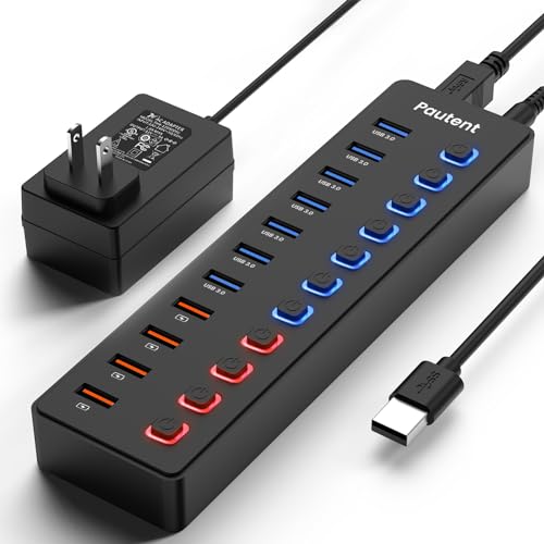 Powered USB 3.0 Hub, Pautent 11-Port USB Hub Splitter (7 Faster Data Transfer Ports+ 4 Smart Charging Ports) with Individual LED On/Off Switches, USB Hub 3.0 Powered with Power Adapter for Mac, PC