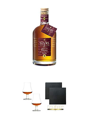Slyrs Bavarian Whisky PORT Deutschland 0,7 Liter + Stölzle Nosingglas für Whisky 2 Gläser - 1610031 + Schiefer Glasuntersetzer eckig ca. 9,5 cm Ø 2 Stück