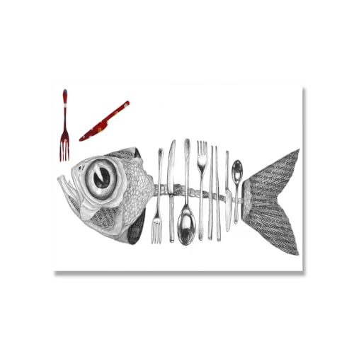 Speichern Lebensmittel Kunstdruck Meer Fisch Poster Minimalistische Messer Gabel Leinwand Malerei Nordic Wall Bild for Küche Wohnzimmer Dekor (Color : A, Size : 60x90cm No Frame)