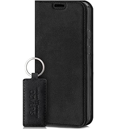 SURAZO Smart Magnet Handyhülle für Apple iPhone 12 Pro Max – Premium Echtleder Hülle Schutzhülle mit [Kartenfach, RFID Schutz] – Klapphülle Wallet case Handmade in Europe (Schwarz)