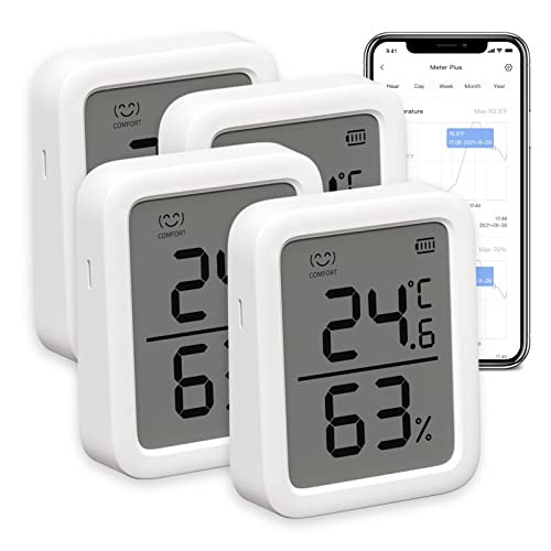 SwitchBot │ Thermometer und Hygrometer Plus, 4er-Pack, mit digitalem Bluetooth-Feuchtigkeits- und Temperatursensor, mit intelligentem Alarm und Datenspeicherung, digitaler LCD-Bildschirm