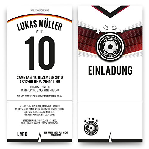 Einladungskarten (10 Stück) zum Kinder Geburtstag - Deutschland Fußball Trikot Einladung