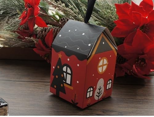 12 Stück Weihnachtshaus, Katzenbaum, Elch-Design, Papierbox, Süßigkeiten, Geschenkverpackung, Boxen, Party-Dekoration, Schokoladenverpackung, 12 Boxen und Band, wie abgebildet