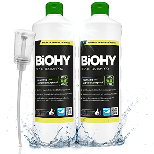 BiOHY KFZ Autoshampoo (2 x 1 liter) + Dosierer | Bio Autoreiniger schützt Lack vor Schmutz von Außen | biologisch abbaubares Reinigungsmittel | für Hochdruckreiniger geeignet kraftvolles Konzentrat