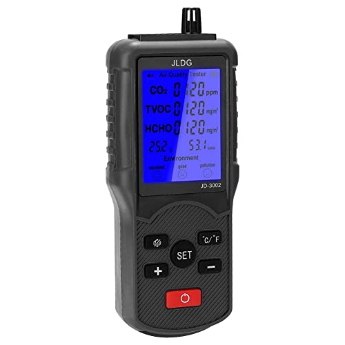 Djioyer Luftqualität Messgerät, Luftqualitätsdetektor, Jd-3002 Co2 / Tvoc/Hcho/mit Großem LCD-Display Temperatur- und Luftfeuchtigkeitsmesser