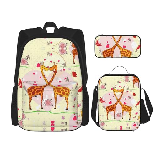 WURTON 3-in-1-Büchertaschen-Set für Mädchen und Jungen, Motiv: Giraffe, Herz, Blume, Schmetterling, Schultasche, Teenager, Lunchbox und Federmäppchen