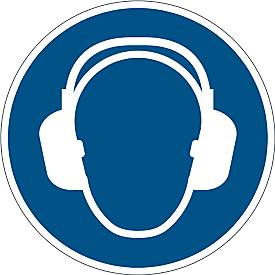 Hinweisschild Durable, rund, für den Innenbereich, Motiv „Gehörschutz benutzen“, EN ISO 7010, selbstklebend, blau-weiß, 1 Stück