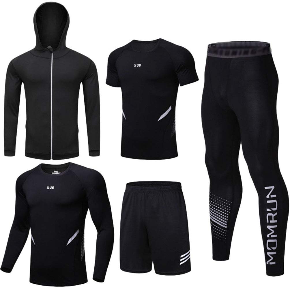 JEELINBORE 5 Stücke Sportbekleidung für Herren, Gym Funktionsshirt Trainingsset Atmungsaktive Sportjacke mit Kapuze - Stil # 4, XL