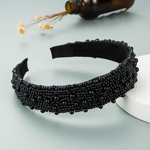 Stirnbänder für Frauen Kreative Vollperle Breite Kante Haarband Stirnband Braut Hochzeit Haarreifen (Farbe: Noir, Größe: Taille einzigartig)