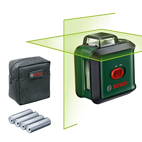 Bosch Kreuzlinienlaser UniversalLevel 360 (grüner Laser, Arbeitsbereich: bis zu 24 m, Genauigkeit: ± 0,4 mm/m, selbstnivellierend: bis ± 4°, 4x AA-Batterien, im Karton)