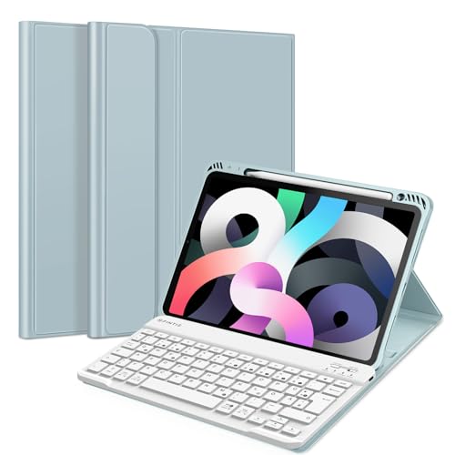 Fintie Tastatur Hülle Kompatibel mit iPad Air 10,9 2020 (4. Gen) Soft TPU Rückseite Gehäuse Schutzhülle mit Pencil Halter, magnetisch Abnehmbarer Bluetooth Tastatur mit QWERTZ Layout, Eisblau