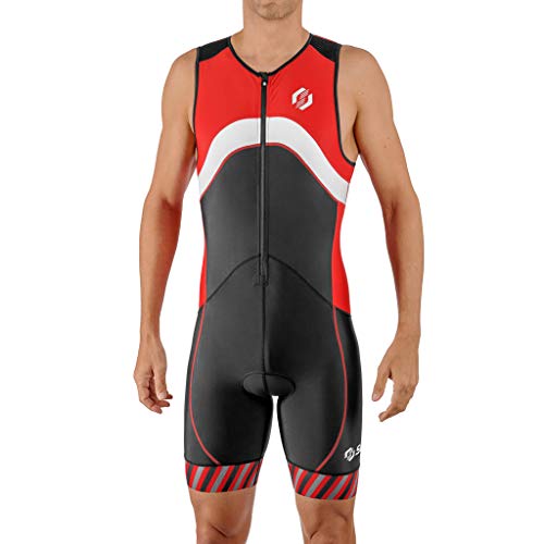 SLS3 Triathlon Einteiler Herren | FX Trisuit | 2 Taschen | Wettkampf | Frontreißverschluss | Schwarz (Black/Red Stripes, S)