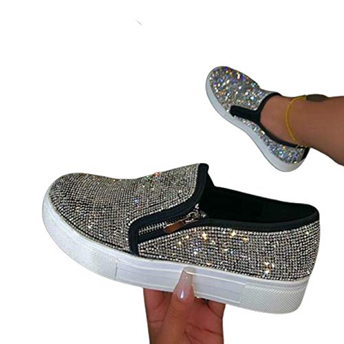 Damenschuhe, Stilvolle Damen Slip On Shiny Strass Zipper Platform Schuhe Low-Cut-Sneakers Schwarz 39