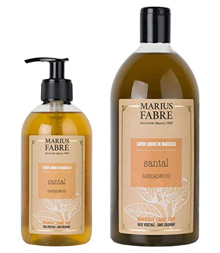 Marius Fabre - 2er Set Flüssigseife - 400 ml Spender & 1 L Nachfüllflasche - Duftrichtung: Sandelholz (Santal)