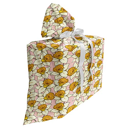ABAKUHAUS Gelbe Blume Baby Shower Geschänksverpackung aus Stoff, Flourish Natur, 3x Bändern Wiederbenutzbar, 70 x 80 cm, Pale Pink Gelb-Creme