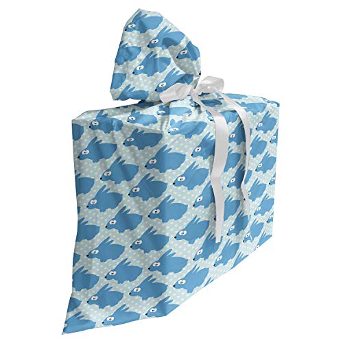 ABAKUHAUS Hase Baby Shower Geschänksverpackung aus Stoff, Lustige Kaninchen auf Tupfen, 3x Bändern Wiederbenutzbar, 70 x 80 cm, Blaues Babyblau und Creme