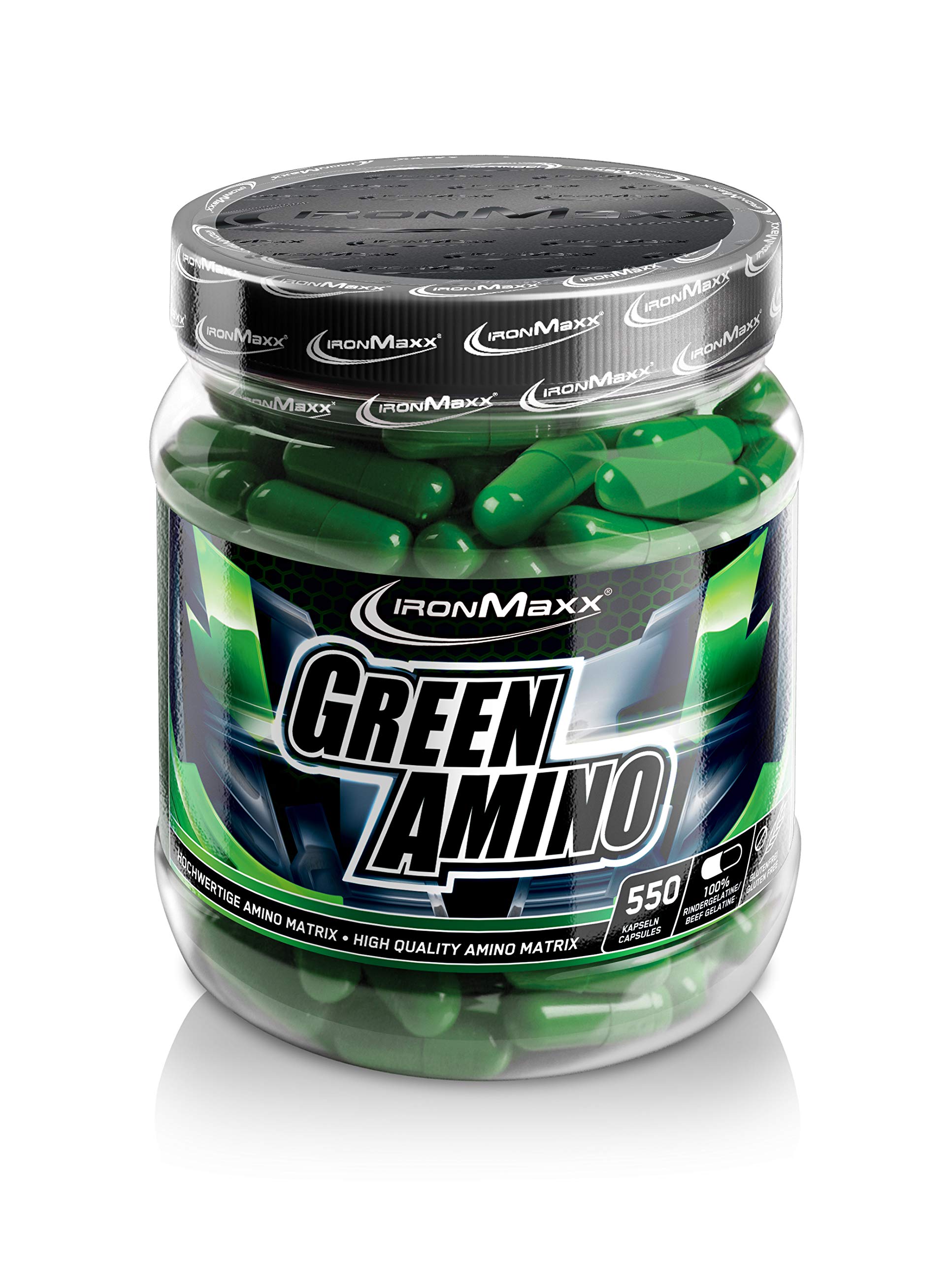 IronMaxx Green Amino - 550 Kapseln, kohlenhydratarme Aminosäurenquelle, umfangreicher Aminosäuren-Matrix, hoch dosiert